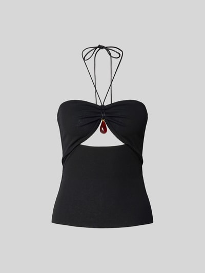 Produktfoto, schwarzes Neckholder-Top mit Zierstein und Cut-Out, enge Passform, Spaghettiträger, Bandeau-Design, Nanushka