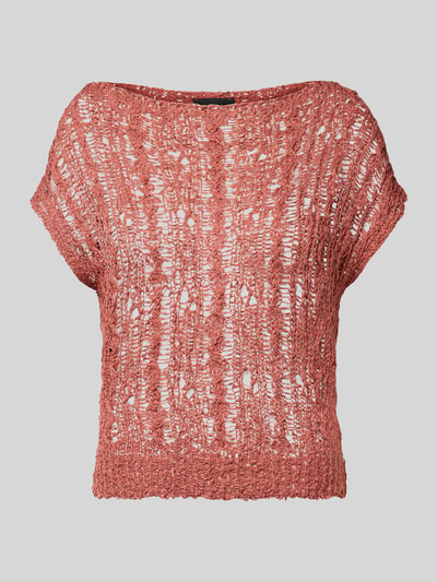 Produktfoto, Strickshirt mit Rundhalsausschnitt von Marc Cain, Damen, Reine Baumwolle, Regular-Fit, Semitransparent, Kappärmel, Farbe altrosa, strukturierte Strick-Textur, Rückenlänge 53 cm, Ärmellänge 10 cm, lockere Form, sichtbare Muster.