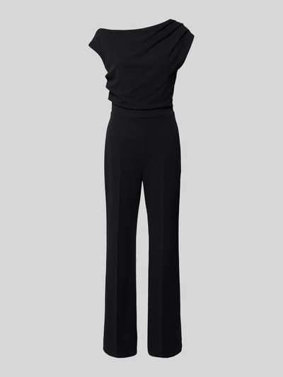 Produktfoto, schwarzer Regular Fit Jumpsuit mit Bügelfalten von Rinascimento, elastischer Material-Mix, asymmetrisches Design, falten-Optik