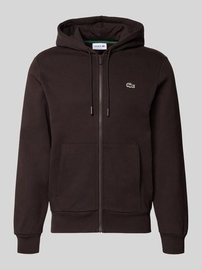 Produktfoto, Regular Fit Sweatjacke aus Baumwoll-Mix von Lacoste, ciemny jednolity kolor, suwak, kaptur, logo, kieszenie, materiał sweat