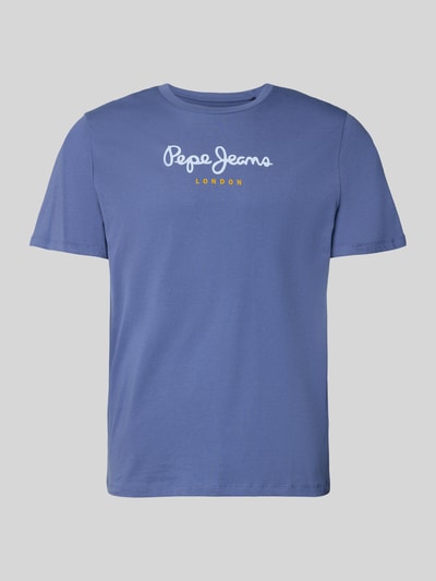 Produktfoto, Regular Fit T-Shirt aus reiner Baumwolle Modell 'EGGO' von Pepe Jeans, niebieski, gładki, nadruk z logo, okrągły dekolt, krótki rękaw, dzianina, krój regular fit