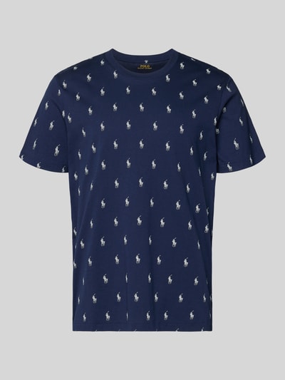 Produktfoto, dunkelblaues Regular Fit Pyjama-Oberteil aus reiner Baumwolle Modell 'CREW-SLEEP-TOP' von Polo Ralph Lauren Underwear mit weißem Polo-Pony-Muster, kurzarm und Rundhals, glatte Textur