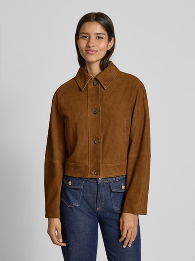 BOSS Orange Kurtka skórzana o kroju regular fit z wykładanym kołnierzem Jasnobrązowy 4