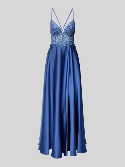 Produktfoto, Abendkleid mit Stitchings und rückseitiger Schnürung von Laona in Blau, Satin, taillierter Schnitt, Maxikleid, Ziersteinbesatz
