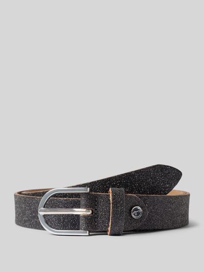 Produktfoto, Gürtel aus echtem Leder mit Glitzer von Tamaris in Schwarz mit silberner Schnalle, schlichte Form, leichte Glitzertextur