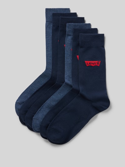 Produktfoto, Socken aus Baumwoll-Mix im 6er-Pack von Levi's® in Dunkelblau und Blau mit rotem Logo, glatte Textur, Herren Socken.