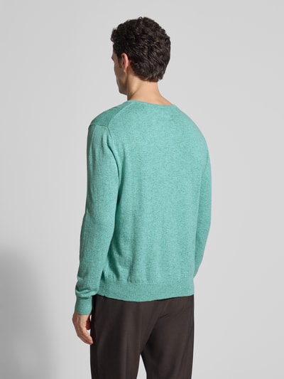 Männermodel trägt Longsleeve mit Leinen-Anteil von Gant in Mintgrün, Baumwoll-Leinen-Mix, gerader Schnitt, Rückenansicht Ganzkörperansicht.