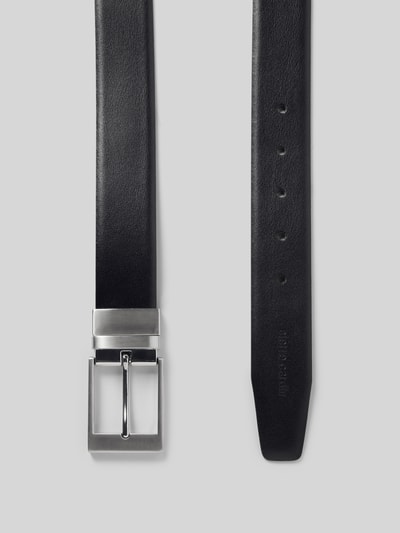 Produktfoto, Ledergürtel mit Dornschließe Modell 'Tom' von TOM TAILOR aus Echtleder mit Metall-Dornschließe, fixierter Metallschlaufe, Logo, Gürtelbreite: 4 cm, schwarze Farbe, glatte Oberfläche