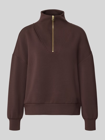 Produktfoto, Regular Fit Sweatshirt aus Viskose-Mix Modell 'Hawley' von VARLEY in Dunkelbraun mit goldfarbenem Reißverschluss, elastische Abschlüsse, Troyer-Kragen