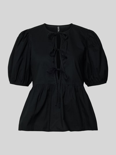 Produktfoto, Regular Fit Bluse aus reiner Baumwolle Modell 'JOLLY' von Pieces in Uni-Schwarz mit Raffung, Ballonärmeln und Popeline-Textur.
