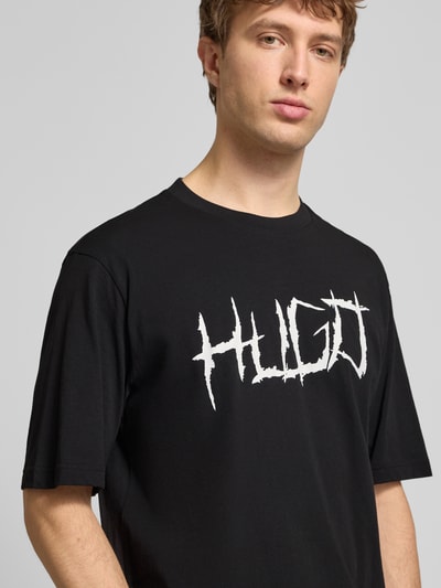 Męski t-shirt Regular Fit T-Shirt aus reiner Baumwolle Modell 'NAMERIX' von Hugo Blue, efekt: jednolity kolor, nadruk z logo, okrągły dekolt, krótki rękaw, bawełna, Nahaufnahme Oberkörper.