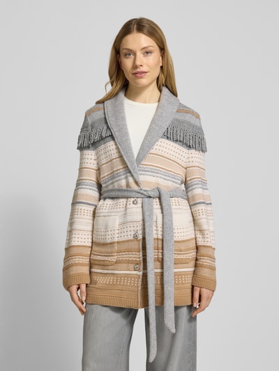 Marc Cain Regular Fit Strickjacke aus Schurwoll-Mix mit Bindegürtel Hellgrau 4