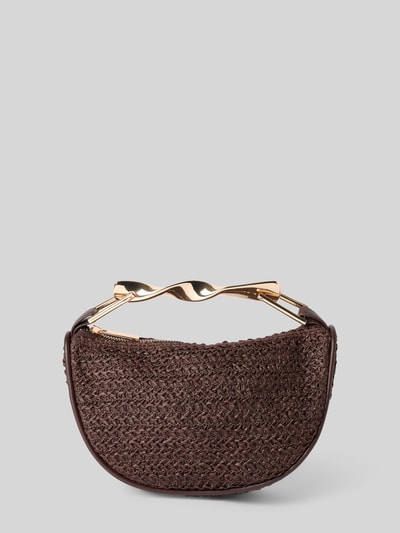 Produktfoto, Handtasche in Flecht-Optik mit kurzem Tragegriff von Jake*s Cocktail aus Papier, Hauptfach mit Reißverschluss, Braunton, Maße: Breite 23 cm, Länge 14 cm, Tiefe 6 cm, Länge Schulterriemen 24 cm.
