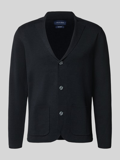 Produktfoto, Regular Fit Strickjacke aus Woll-Mix mit Reverskragen von Christian Berg Men, czarna mieszanka wełny, krój regular fit, kołnierz z połami, listwa guzikowa na całej długości, krój z długim rękawem, długość tyłu w rozmiarze M: 70 cm, długość rękawów w rozmiarze M: 64 cm
