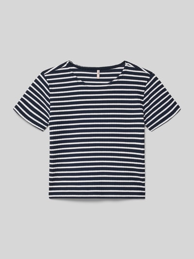Produktfoto, Regular Fit T-Shirt mit Viskose-Anteil Modell 'NELLA STRIPED' von Only, Kinder T-Shirt, Optik: Allover-Muster, gestreift, Rundhals, Kurzarm, Materialverarbeitung: Ripp, dunkelblau-weiße Streifen, glatte Rippstruktur
