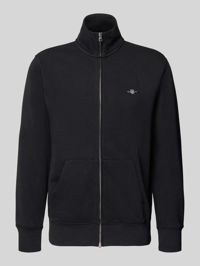 Produktfoto, schwarze Regular Fit Sweatjacke mit Stehkragen Modell 'Gield' von Gant, Baumwoll-Mix, Logo-Stitching, Reißverschluss, elastische Abschlüsse, geteilte Kängurutasche, glatte Struktur