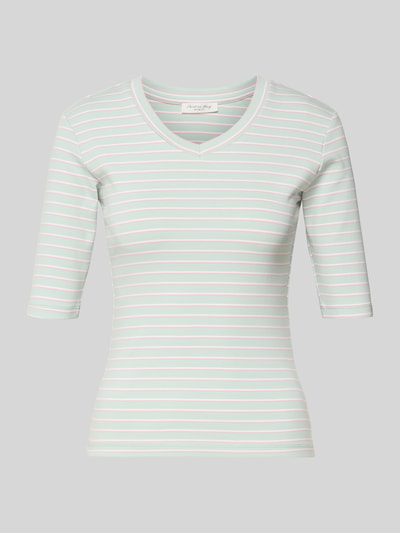 Produktfoto, Longsleeve mit 3/4-Arm und V-Ausschnitt von Christian Berg Woman aus Baumwoll-Mix mit Stretch-Anteil, feine Streifen, Straight Fit, Rückenlänge 54 cm bei Größe S