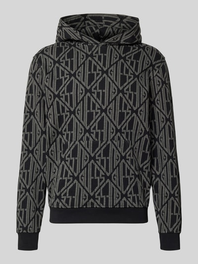 Produktfoto, Hoodie im Allover-Look mit Känguru-Tasche von Guess, Reine Baumwolle, Regular-Fit, schwarz-graues Muster, Känguru-Tasche, Rückenlänge 67 cm, Ärmellänge 67 cm, moderne Textur