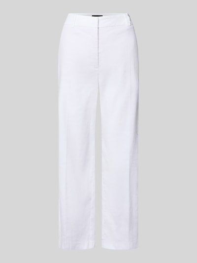 Produktfoto, weiße Damen Chino aus Leinen-Mix mit Bügelfalte Modell 'CALIFORNIA' von Cambio, Straight Fit, Haken- und Reißverschluss, französische Eingrifftaschen, Gesäßtaschen, Bundweite 41 cm, Innenbeinlänge 68 cm bei Größe 36, glatte Textur, schlichte Form.