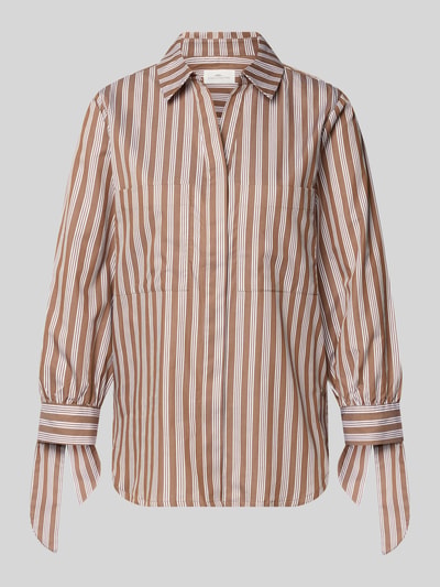 Produktfoto, Regular Fit Bluse mit Knotendetails von Fynch-Hatton, braunes und weißes Streifenmuster, reine Baumwolle, Hemdblusenkragen, Allover-Look