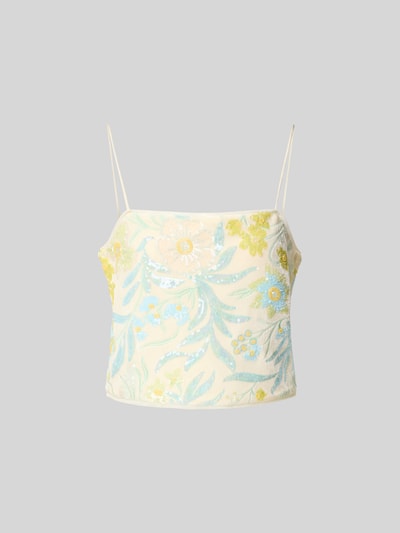 Produktfoto, Top mit Allover-Pailettenbesatz von BAUM & PFERDGARTEN, florales Muster, Elastischer-Material-Mix, Regular-Fit, Spaghetti-Träger, creme mit Blau und Gelb