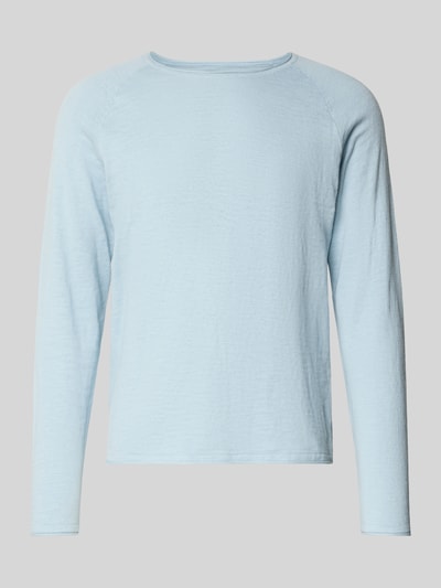 Produktfoto, Regular Fit Longsleeve mit Logo-Patch Modell 'Breeze' von JACK & JONES, reine Baumwolle, Strick-Optik, Rundhalsausschnitt, hellblau