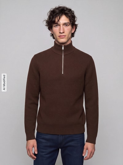 Männermodel trägt dunkelbraunen Regular Fit Troyer aus reiner Baumwolle Modell 'DANE' von Selected, Herren Troyer, Ganzkörperansicht von vorne, KI-modifiziertes Bild.