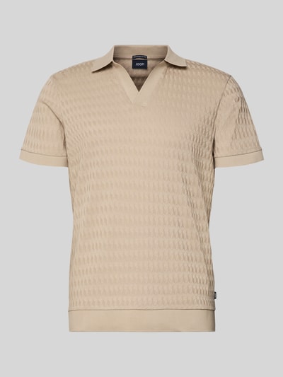 Produktfoto, Koszulka polo z prążkowanymi wykończeniami Model 'Cleison' od JOOP! Collection z bawełny, krój regular fit, beżowa, wyraźna tekstura, kołnierzyk polo, dekolt w serek, długość tyłu 69 cm dla rozmiaru M