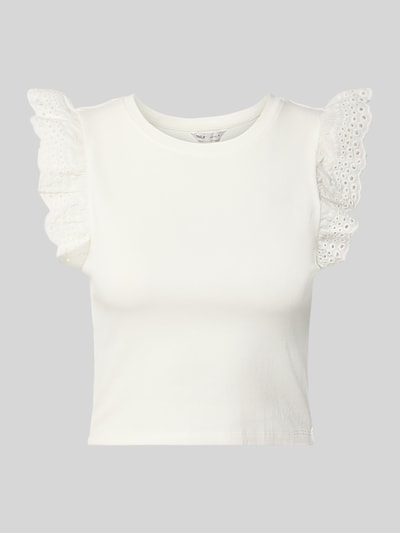Produktfoto, Slim Fit T-Shirt aus Baumwoll-Mix Modell 'MATHILDA' von Only, Optik: Unifarben, verkürzte Länge, Lochspitze, Rundhals, Kappärmel, glatte fein strukturierte Oberfläche.