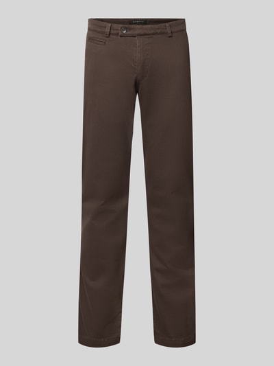 Produktfoto, Slim Fit Chino aus Baumwoll-Mix von bugatti in Braun, elastisches Material, Münztasche, Gesäßtaschen, glatte Textur
