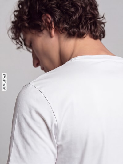 Männermodel trägt T-Shirt mit Rundhalsausschnitt von Christian Berg Men in Weiß, glatte Textur, Kurzarm, gerade Passform, Nahaufnahme Rückansicht, KI-modifiziertes Bild.