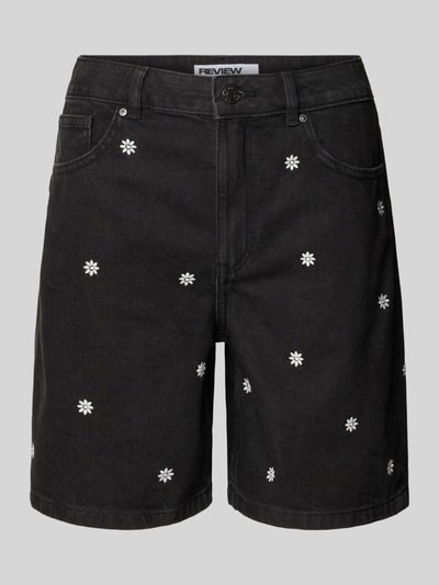 Produktfoto, Schwarze Jeansshorts mit Stitchings von REVIEW aus reiner Baumwolle im Regular-Fit mit weißen Stitchings und Eingrifftaschen.