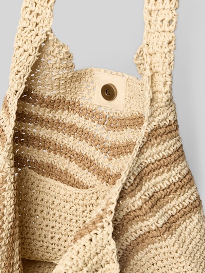 Productfoto, shopper met draagband Model 'Serenea' van Barts, puur katoen, hoofvak met magneetsluiting, breedte 30 cm, lengte 26 cm, diepte 3 cm, schouderbandlengte 26 cm, beige en lichtbruine strepen, grof gebreide textuur