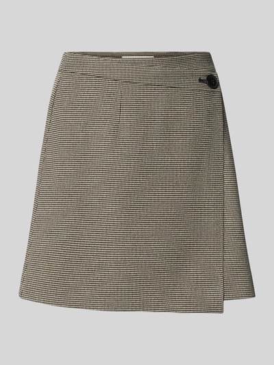 Produktfoto, spódnica kopertowa w linia a Model 'Casia' od GESTUZ, długość mini, zapięcie na guzik z boku, szerokość w rozmiarze 36: 40 cm, całkowita długość w rozmiarze 36: 44 cm, delikatna faktura w drobny wzór, odcienie beżu i czerni