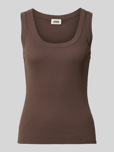 Produktfoto, brązowy Tanktop mit Rundhalsausschnitt Modell 'TAVIRA' od Drykorn, czysta bawełna, krój slim fit, prążkowana tekstura.