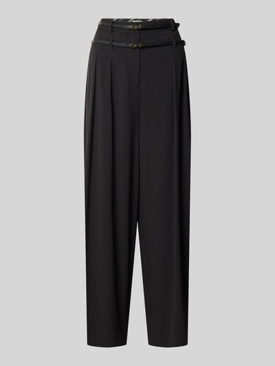 Produktfoto, schwarze Flared Fit Hose mit Viskose-Anteil Modell 'FLANELLA' von Liu Jo White, doppeltes Design mit zwei schmalen Gürteln.