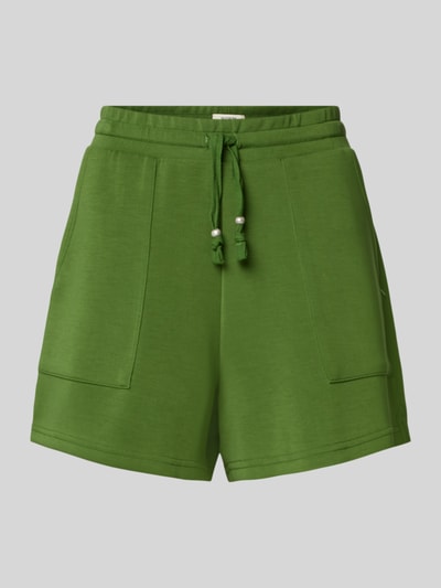 Produktfoto, Sweatshorts mit Seitentaschen von Scotch & Soda aus Elastischer-Material-Mix mit Lyocell-Anteil, Gerader-Schnitt, elastischer Bund mit Tunnelzug, grüne Farbe, sichtbare Textur, Innenbeinlänge 38 cm bei Größe S.