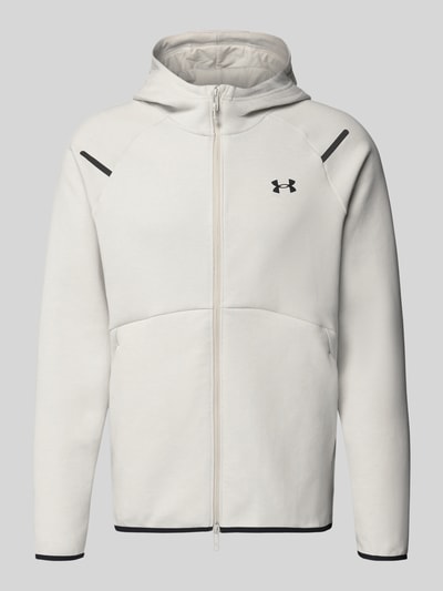 Produktfoto, Regular Fit Jacke mit Kapuze Modell 'Unstoppable' von Under Armour, Elastischer-Material-Mix mit Baumwoll-Anteil, Känguru-Tasche, Logo-Print, Zweiwege-Reißverschluss, elastische Abschlüsse, helle Farbe, glatte Textur