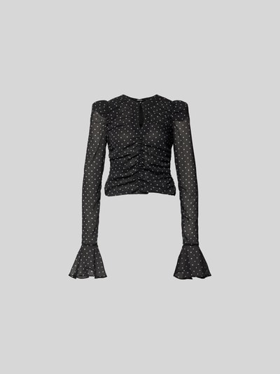 Produktfoto, Slim Fit Bluse mit Raffungen von ROTATE aus schwarzem Chiffon mit weißen Punkten, langärmeligem Design, Reißverschluss, Rückenlänge 47 cm, Ärmellänge 77 cm