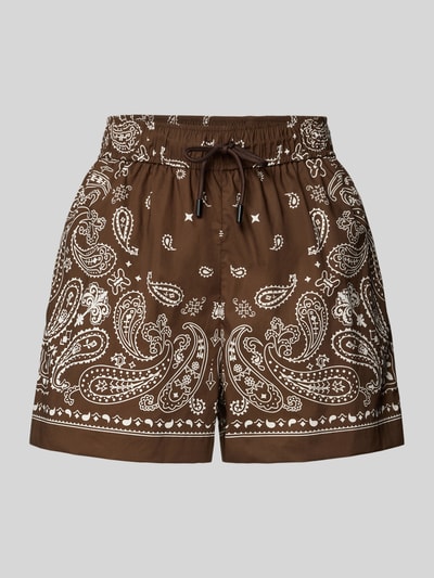 Produktfoto, brązowe Shorts im Allover-Look Modell 'BAHIA' od SUNCOO PARIS z białym wzorem paisley, czysta bawełna, krój regular fit, elastyczny pas, Szerokość w rozmiarze S 34 cm, długość nogawki wewnętrznej 8 cm