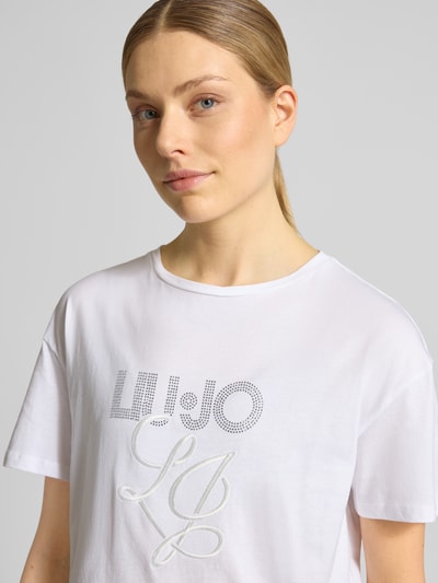 Liu Jo White T-Shirt mit Label-Stitching und Ziersteinbesatz Weiss 3