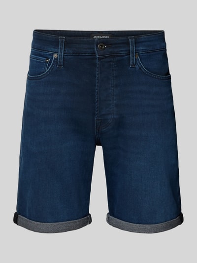 Produktfoto, dunkelblaue Jeansshorts mit Umschlag Modell 'RICK' von Jack & Jones, Baumwoll-Mix mit Woll-Anteil, Regular Fit, sichtbare Eingrifftaschen, strukturierte Denim-Textur