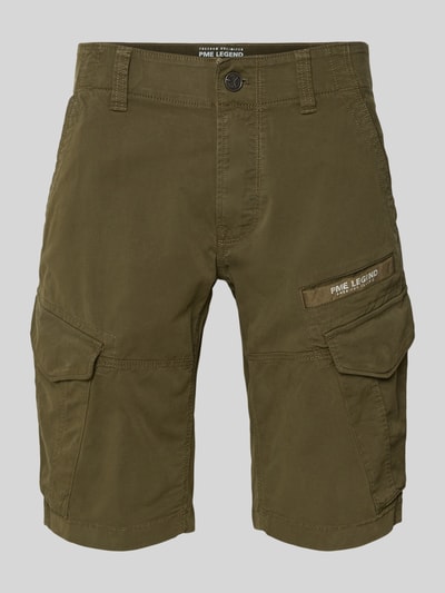 Produktfoto, Cargo Bermudas mit Pattentaschen Modell 'Nordrop' von PME Legend aus Baumwoll-Mix mit Stretch-Anteil, olivegrün, sichtbare Nähte, Straight Fit, Knopf- und Reißverschluss, seitliche Eingrifftaschen, Label-Patch, Gesäßleistentaschen, Kontext: Herren Cargo Bermudas von PME Legend, Bundweite bei Größe 32: 44 cm, Innenbeinlänge bei Größe 32: 29 cm.