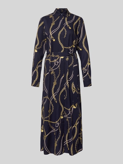 Produktfoto, Hemdblusenkleid aus Viskose mit Bindegürtel von Gant, Dunkelblau mit goldfarbenem Kettenmuster, taillierter Schnitt, Hemdblusenkragen, Knopfleiste, Midikleid, Rückenlänge bei Größe 36: 135 cm, Brustweite: 48 cm, Ärmellänge: 62 cm
