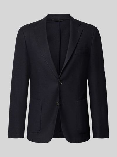 Produktfoto, Slim Fit Sakko mit Schurwoll-Anteil Modell 'P-Hanry-WG-264' von Joop, unifarbenes schwarzes Sakko mit Reverskragen, 2-Knopf-Verschluss, Brustleistentasche, angedeuteten Taschen, Material-Mix mit glatter Webstruktur, klassische Form auf hellem Hintergrund.