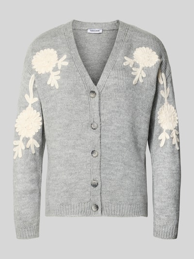 Produktfoto, Strickjacke mit Knopfleiste von More & More in Grau, lockerer Schnitt, V-Ausschnitt, gerippte Abschlüsse, Strukturmix, cremefarbene Blumenapplikationen