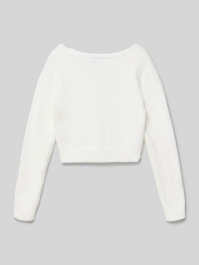 Produktfoto, Cropped Strickjacke mit Knopfleiste von DANAMADE, mieszanka materiałów, krój regular fit, prążkowane wykończenia, dekolt w serek, kolor biały, tekstura miękka, długość tyłu 33 cm, długość rękawa 50 cm, rozmiar 134.