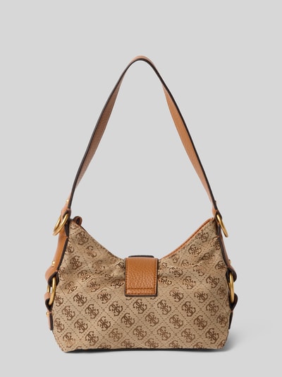 Productfoto, beige-bruin Shoulder Bag met allover logostitching Model 'Camden' van GUESS, schouderband, hoofdvak met ritssluiting, maat 23x18x9 cm, bandlengte 51 cm