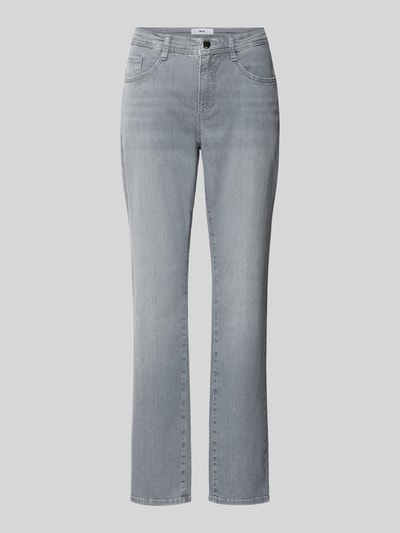 Produktfoto, Flared Fit Jeans im 5-Pocket-Design Modell 'Carola' von BRAX aus elastischem Baumwoll-Mix in hellem Grau mit sichtbarer Struktur