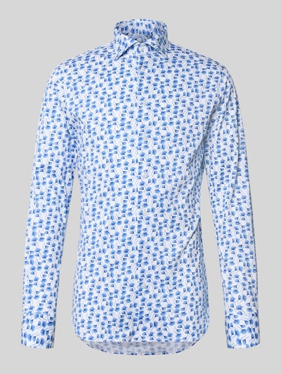 Produktfoto, Slim Fit Freizeithemd mit Kentkragen von Matinique aus Reine Baumwolle, floraler Allover-Print, Langärmelig, Knopfleiste, weiße Grundfarbe mit blauen Akzenten, Rückenlänge 84 cm, Schulterbreite 45 cm, Ärmellänge 67 cm, strukturierte glatte Textur